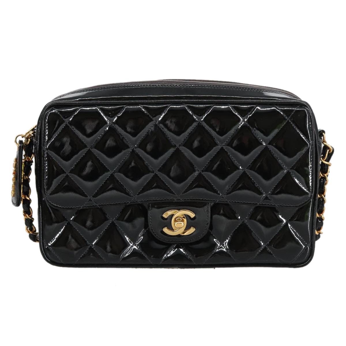 CHANEL Matelasse Chain Shoulder Bag Patent leather Black Gold CC 103451A
