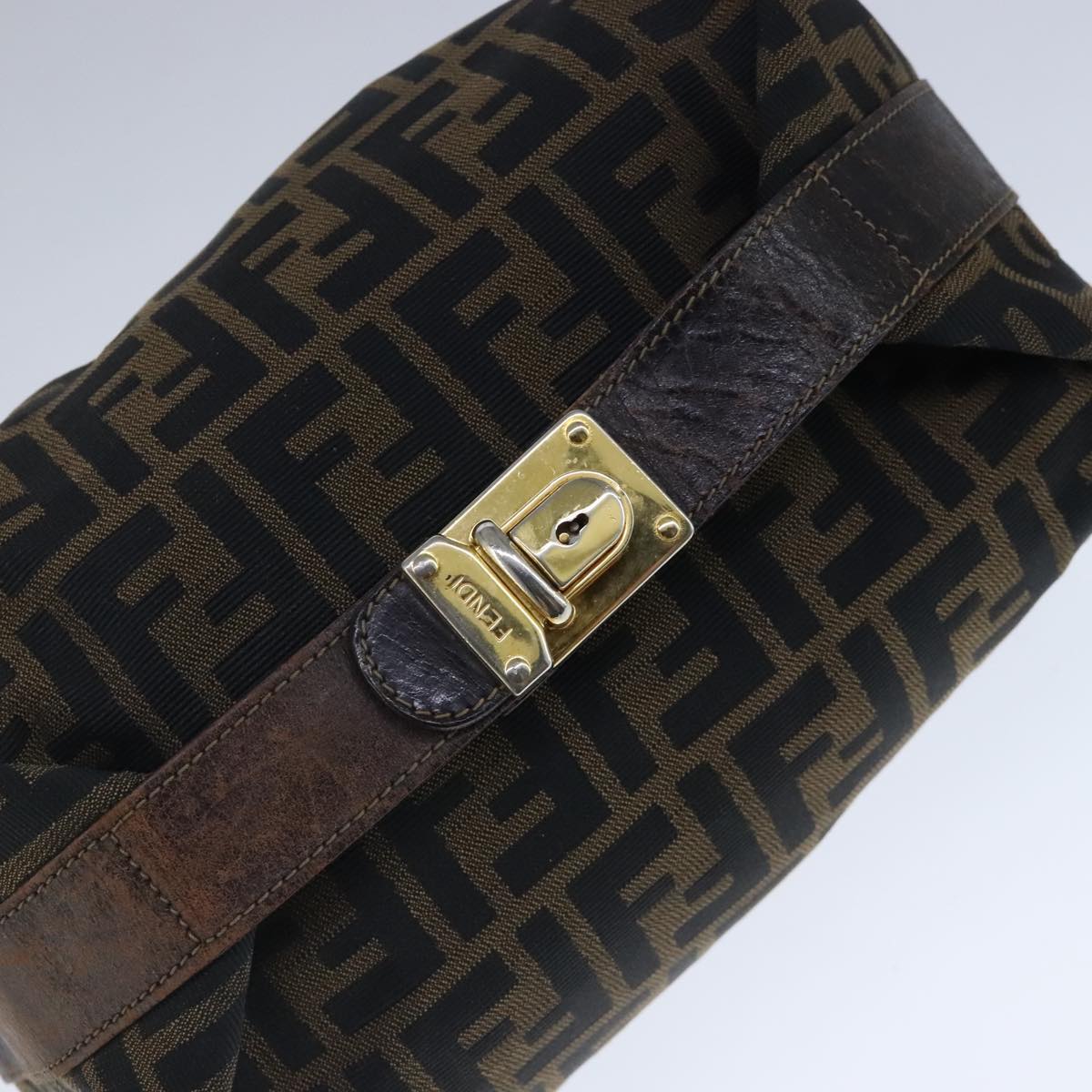FENDI Zucca Canvas Vanity Hand Bag Brown Black Gold 103857
