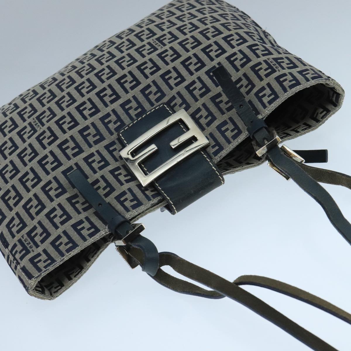 FENDI Zucchino Canvas Tote Bag Navy Silver 104436
