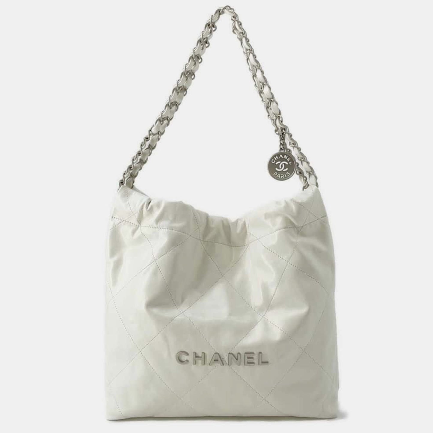 White Shiny Calf Leather Chanel22 Handbag Size Small