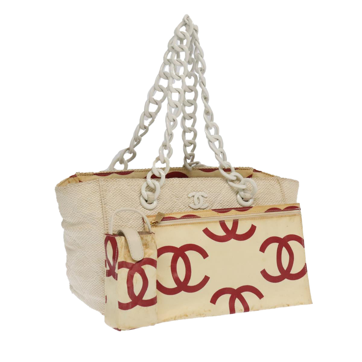 CHANEL Chain Tote Bag Raffia White CC 106387