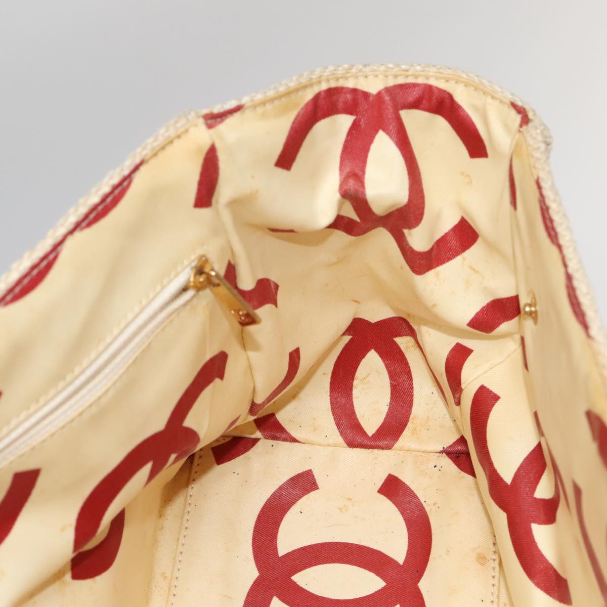 CHANEL Chain Tote Bag Raffia White CC 106387