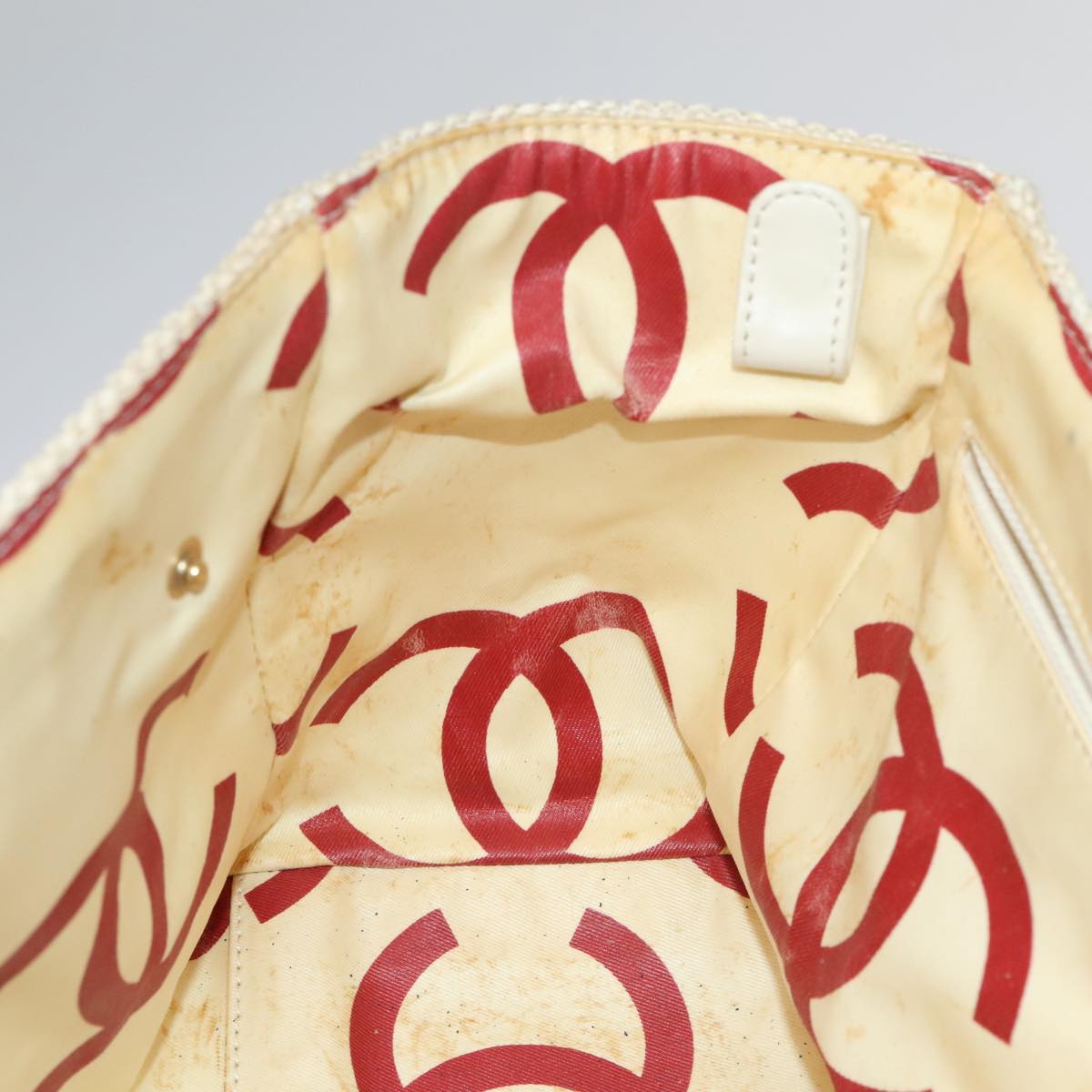 CHANEL Chain Tote Bag Raffia White CC 106387