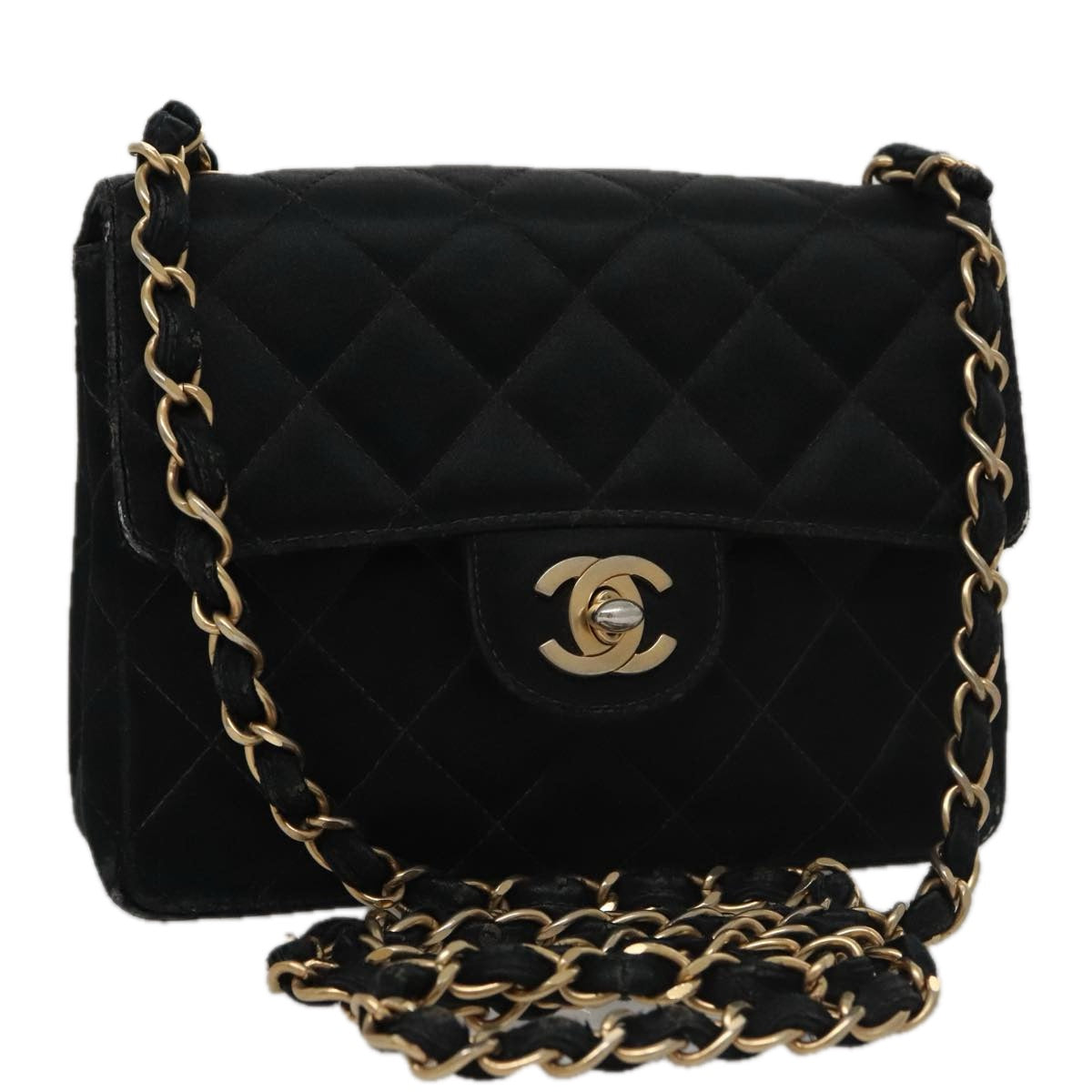 CHANEL Matelasse Chain Shoulder Bag Satin Black CC 106429