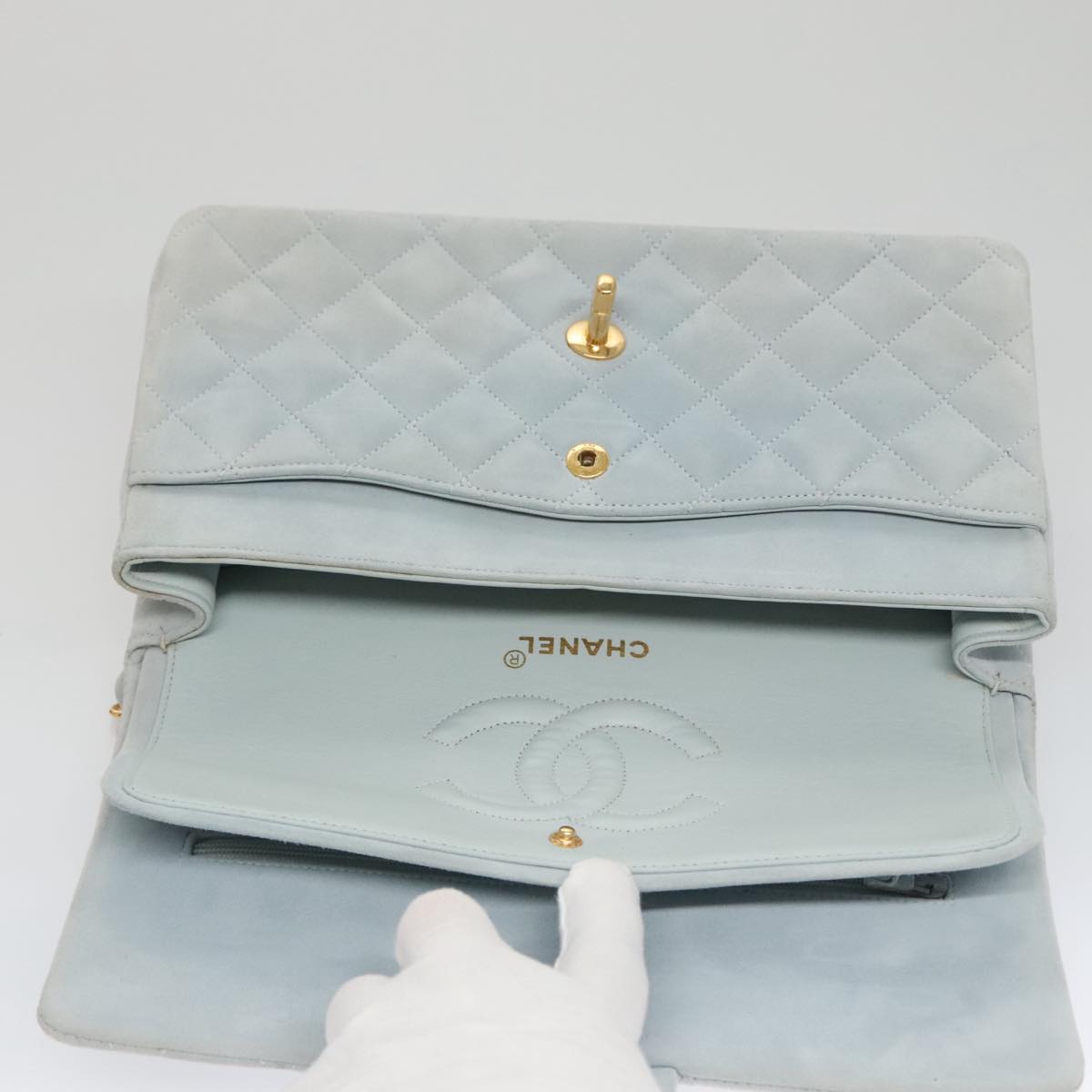 CHANEL Matelasse Chain Shoulder Bag Suede Light Blue Gold CC 106433A