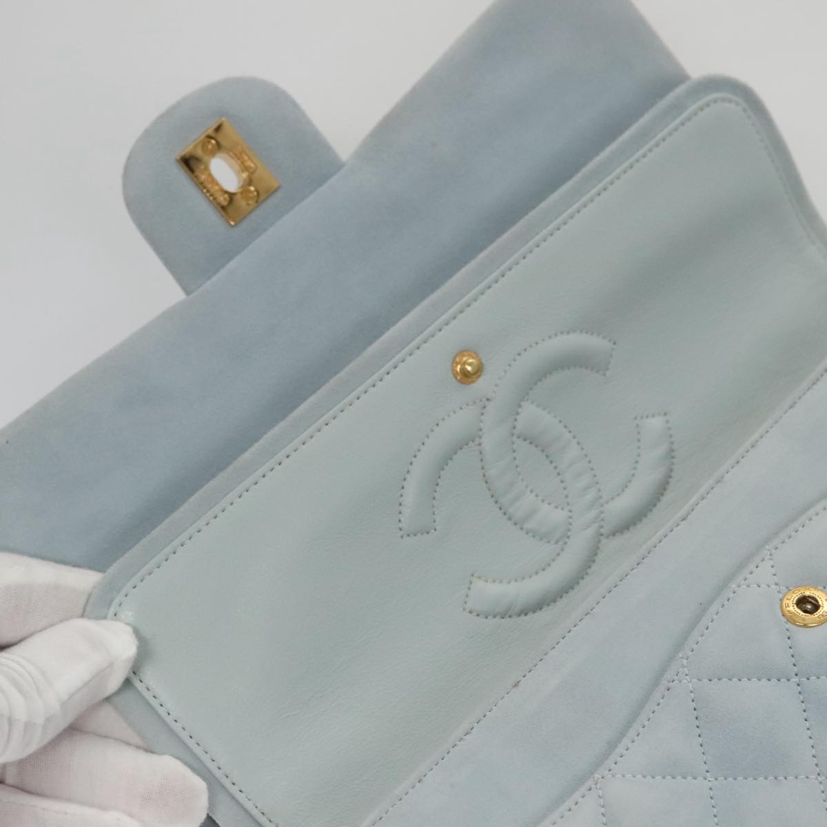 CHANEL Matelasse Chain Shoulder Bag Suede Light Blue Gold CC 106433A
