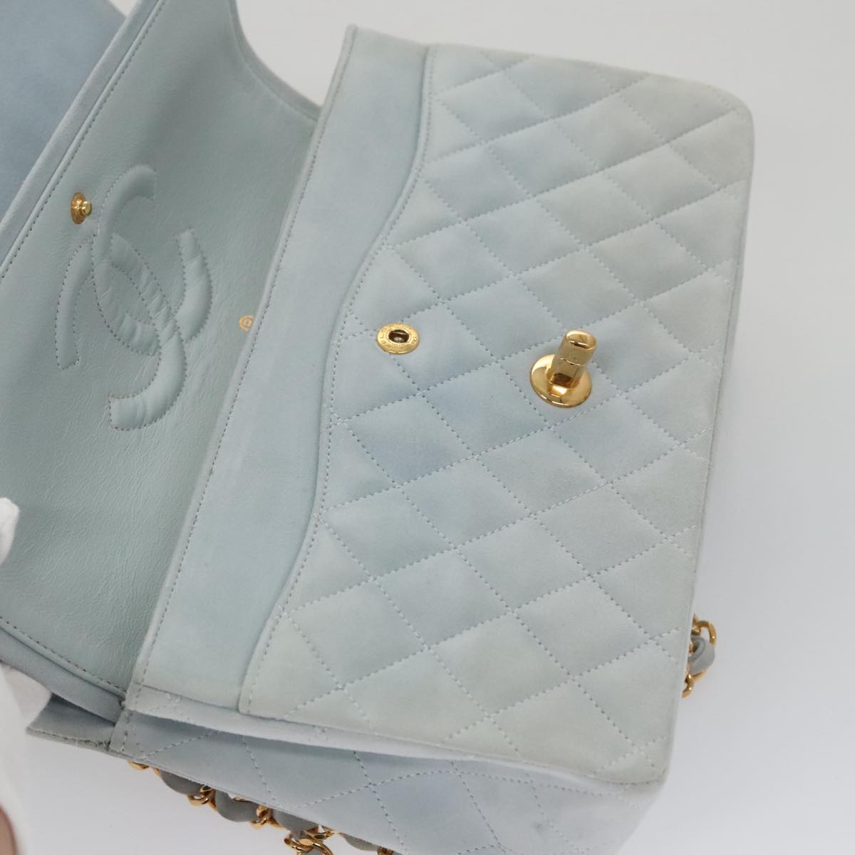CHANEL Matelasse Chain Shoulder Bag Suede Light Blue Gold CC 106433A