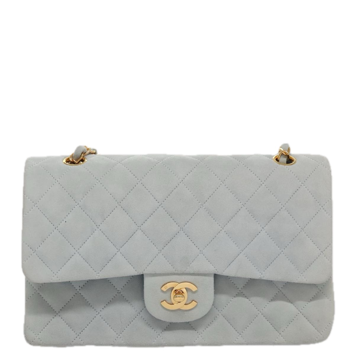 CHANEL Matelasse Chain Shoulder Bag Suede Light Blue Gold CC 106433A