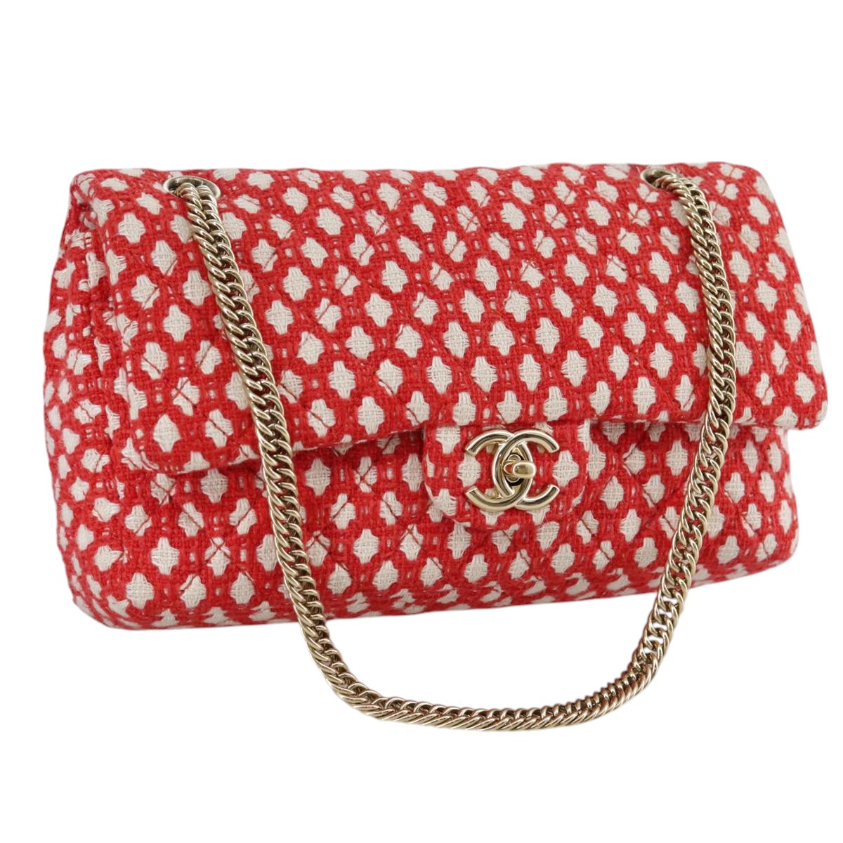 CHANEL Matelasse Chain Shoulder Bag Tweed Red CC 106727A