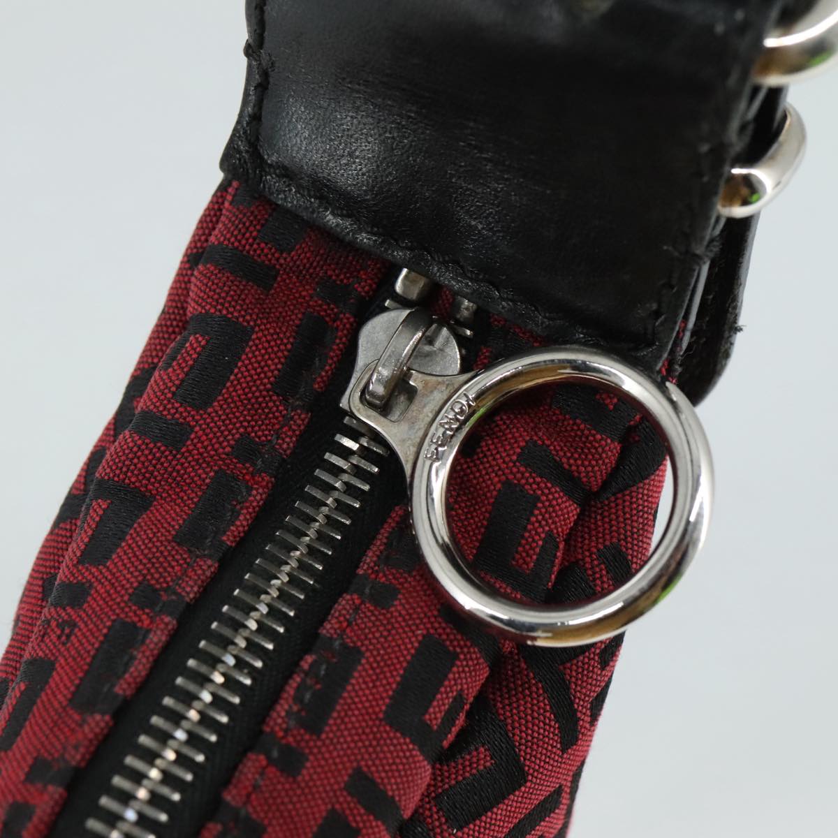 FENDI Zucchino Canvas Shoulder Bag Red Black Silver 108052