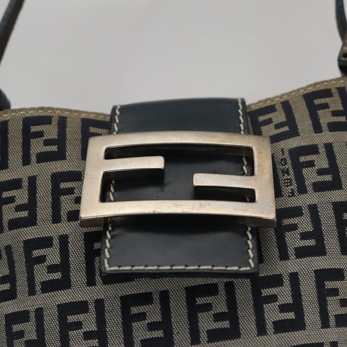FENDI Zucchino Canvas Hand Bag Navy Silver 108378
