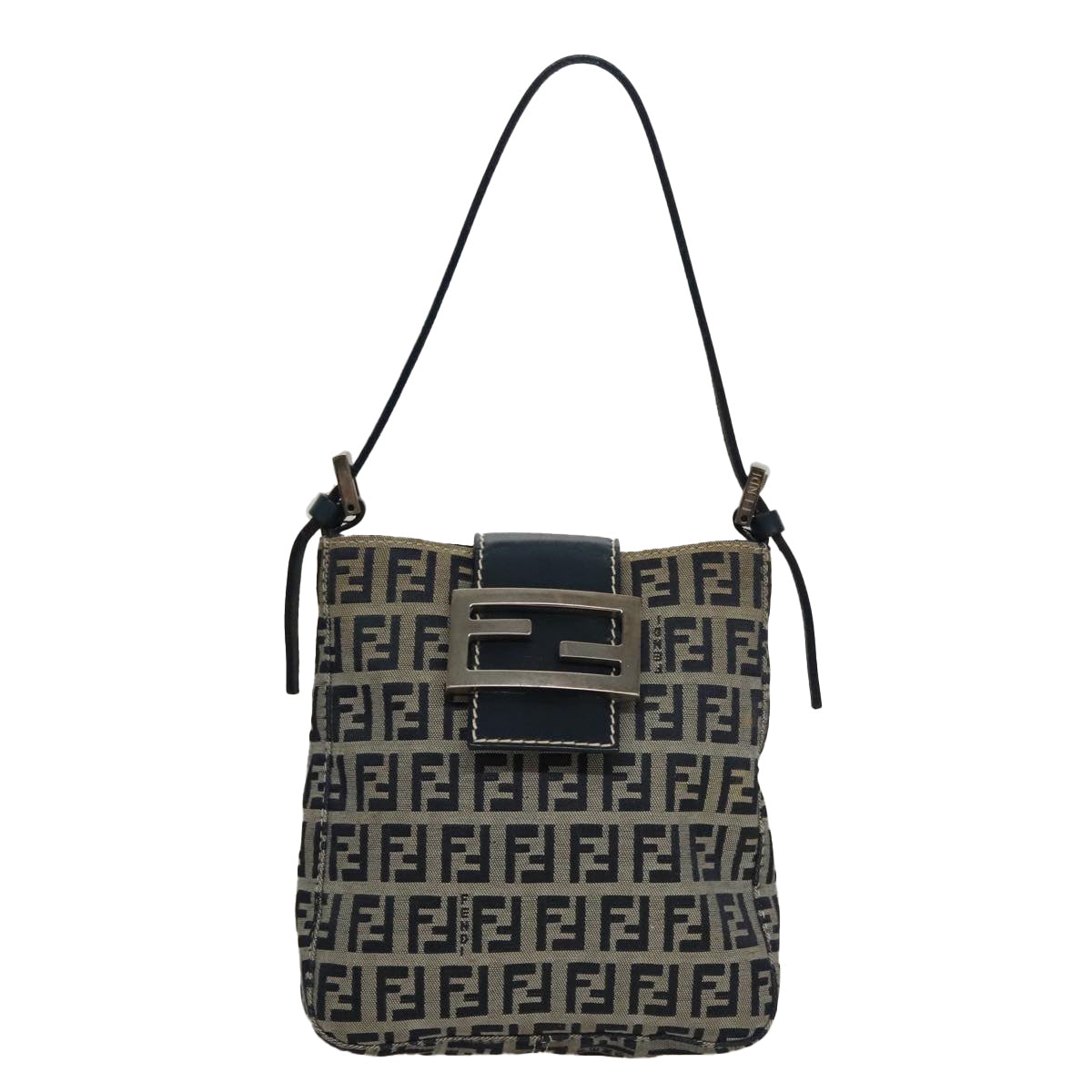FENDI Zucchino Canvas Hand Bag Navy Silver 108378