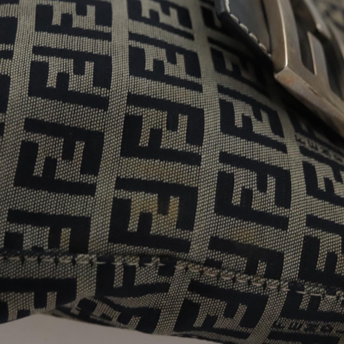FENDI Zucchino Canvas Hand Bag Navy Silver 108378