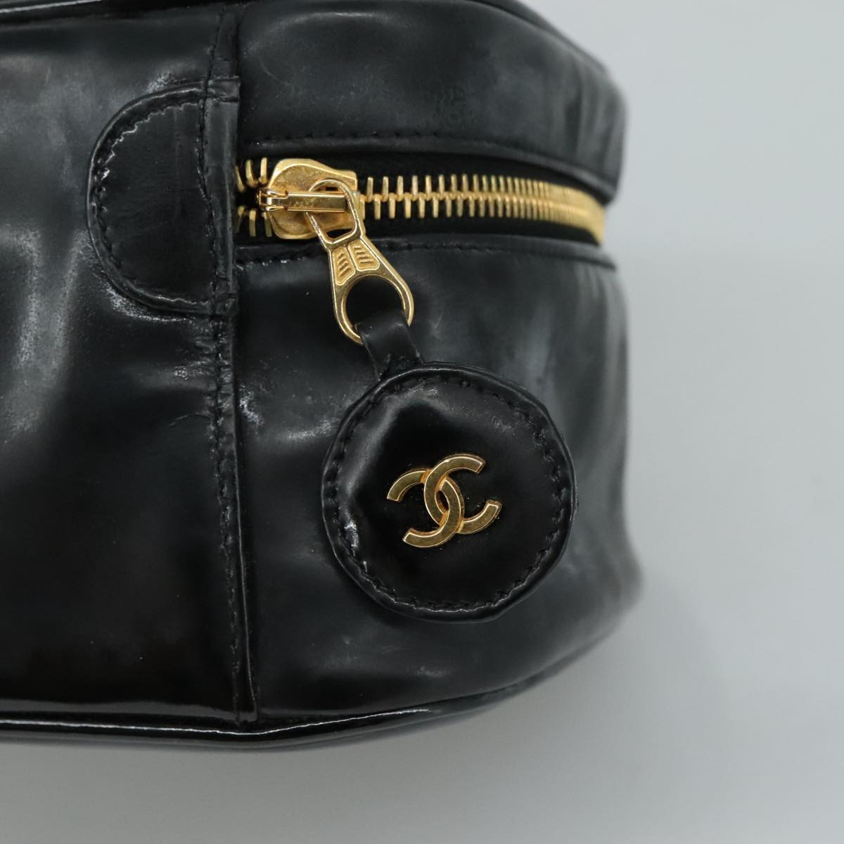 CHANEL COCO Mark vanity Pouch Patent leather Black Gold CC 108580