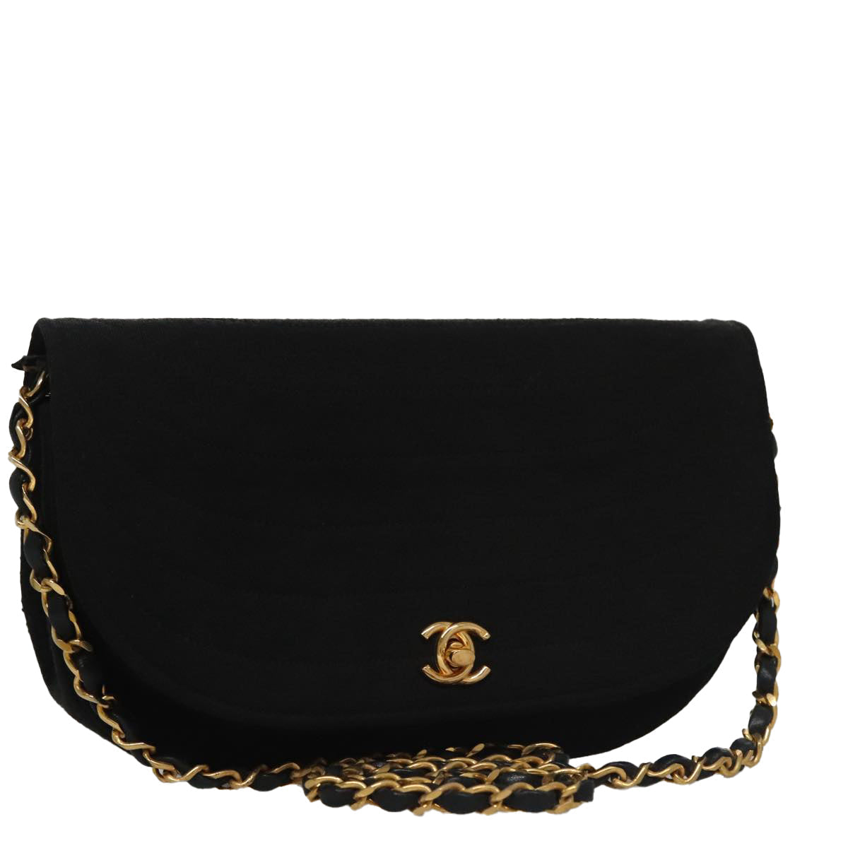 CHANEL Half Moon Chain Shoulder Bag Cotton Black Gold CC 108608