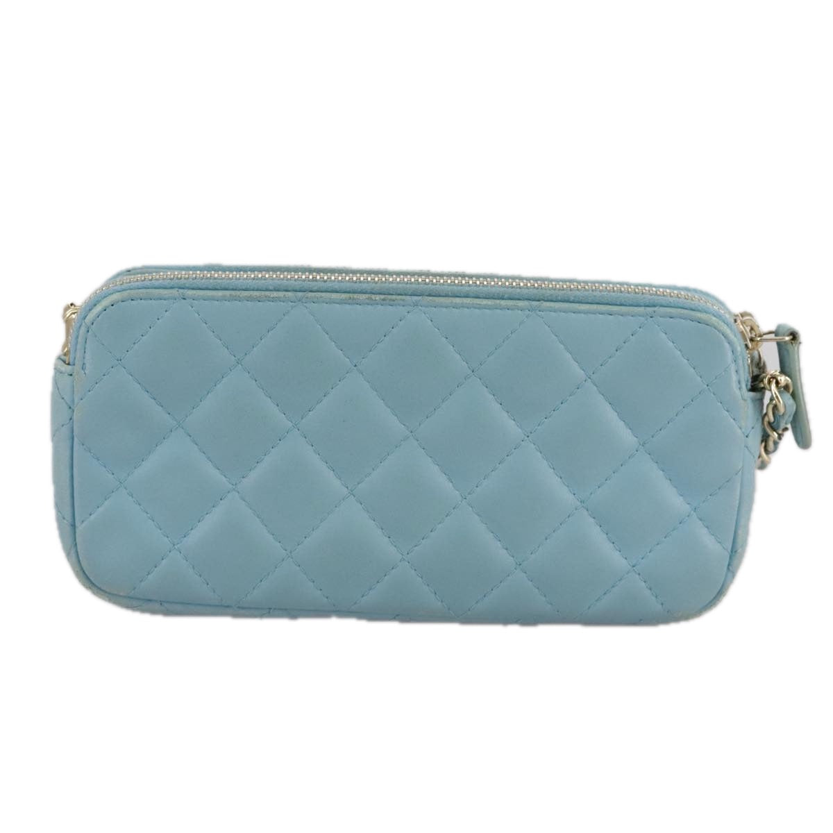 CHANEL Matelasse Chain Shoulder Wallet Lamb Skin Light Blue CC 108979