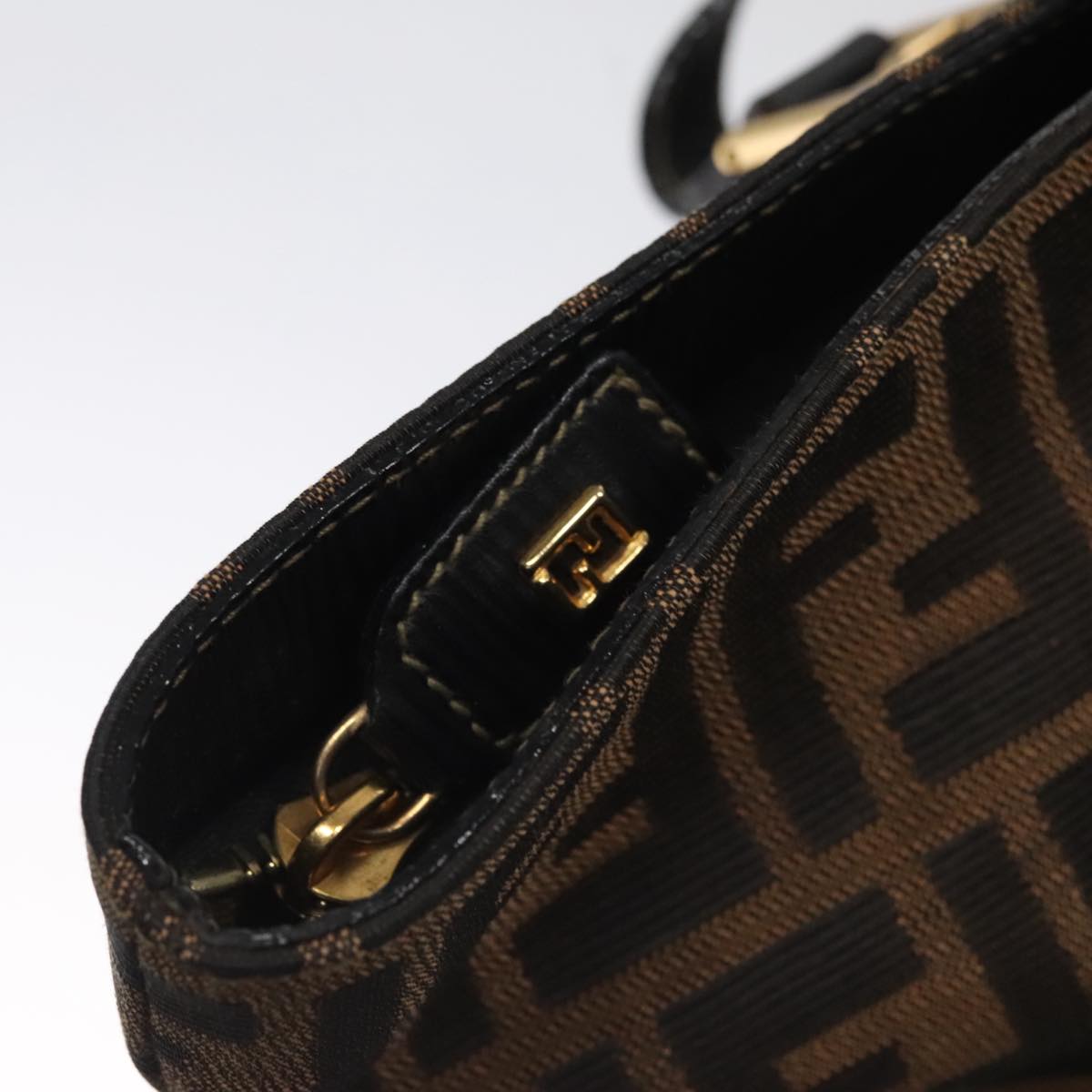 FENDI Zucca Canvas Hand Bag Brown Black gold 109153