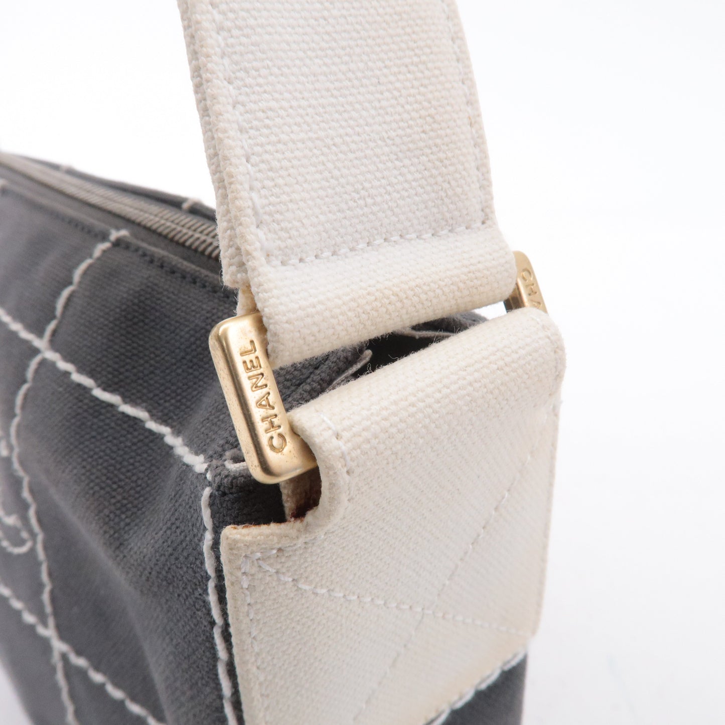 CHANEL Chocolate Bar Wild Stitch Canvas Hand Bag Gray