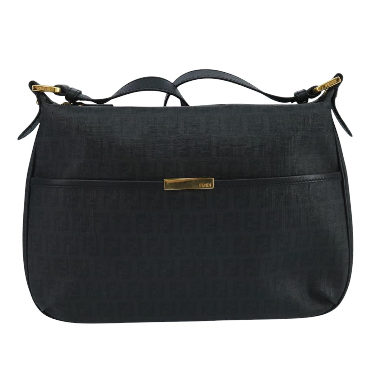 FENDI Zucchino Canvas Shoulder Bag Gold Black 111182