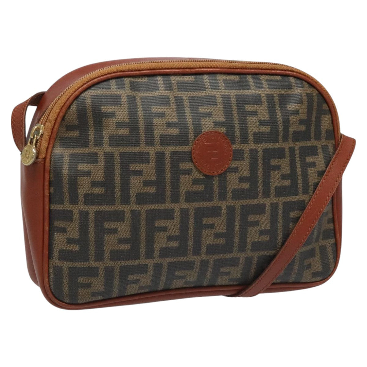 FENDI Zucca Canvas Shoulder Bag PVC Leather Brown Black gold 111885