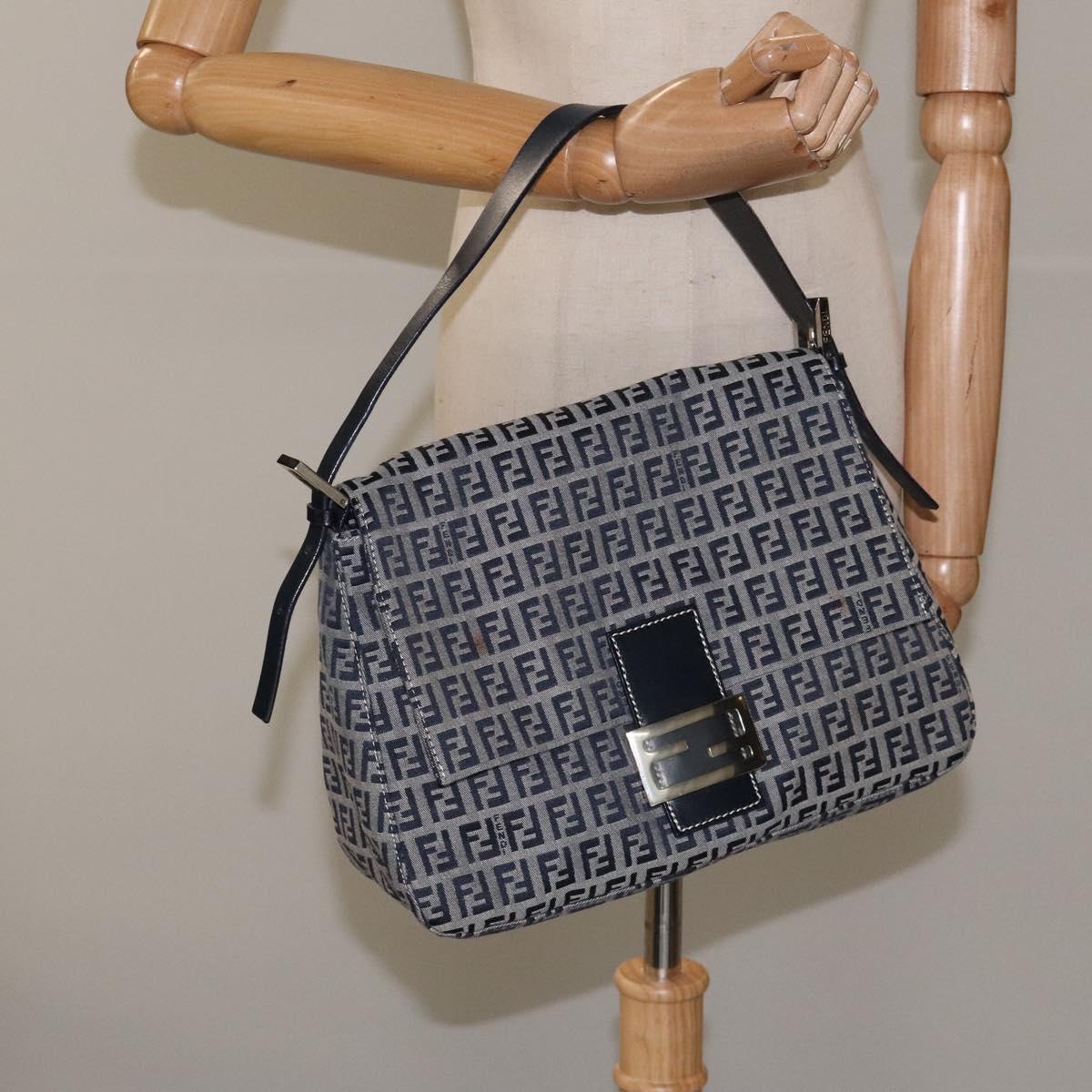 FENDI Zucchino Canvas Mamma Baguette Shoulder Bag Navy 113562