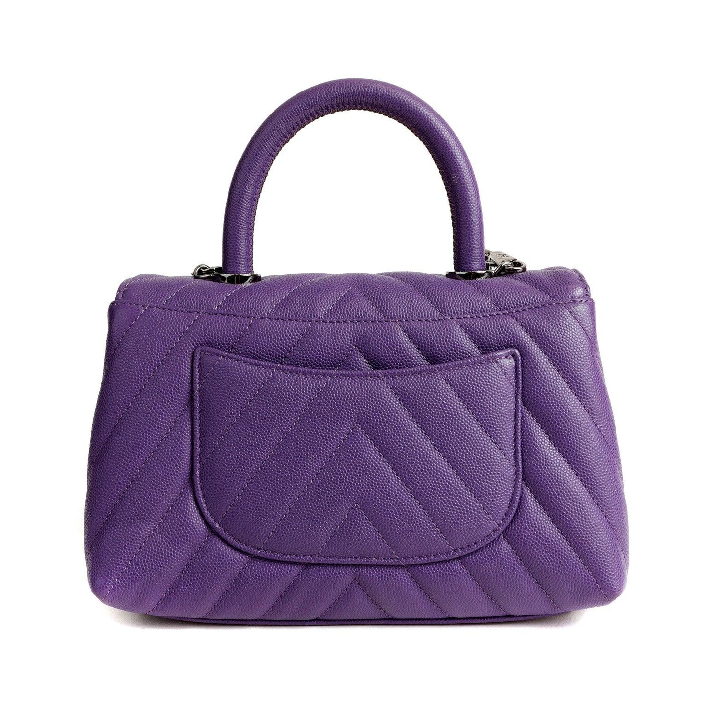Chanel Chevron Caviar Royal Purple Mini Coco Handle Flap Bag  w/ Silver Hardware