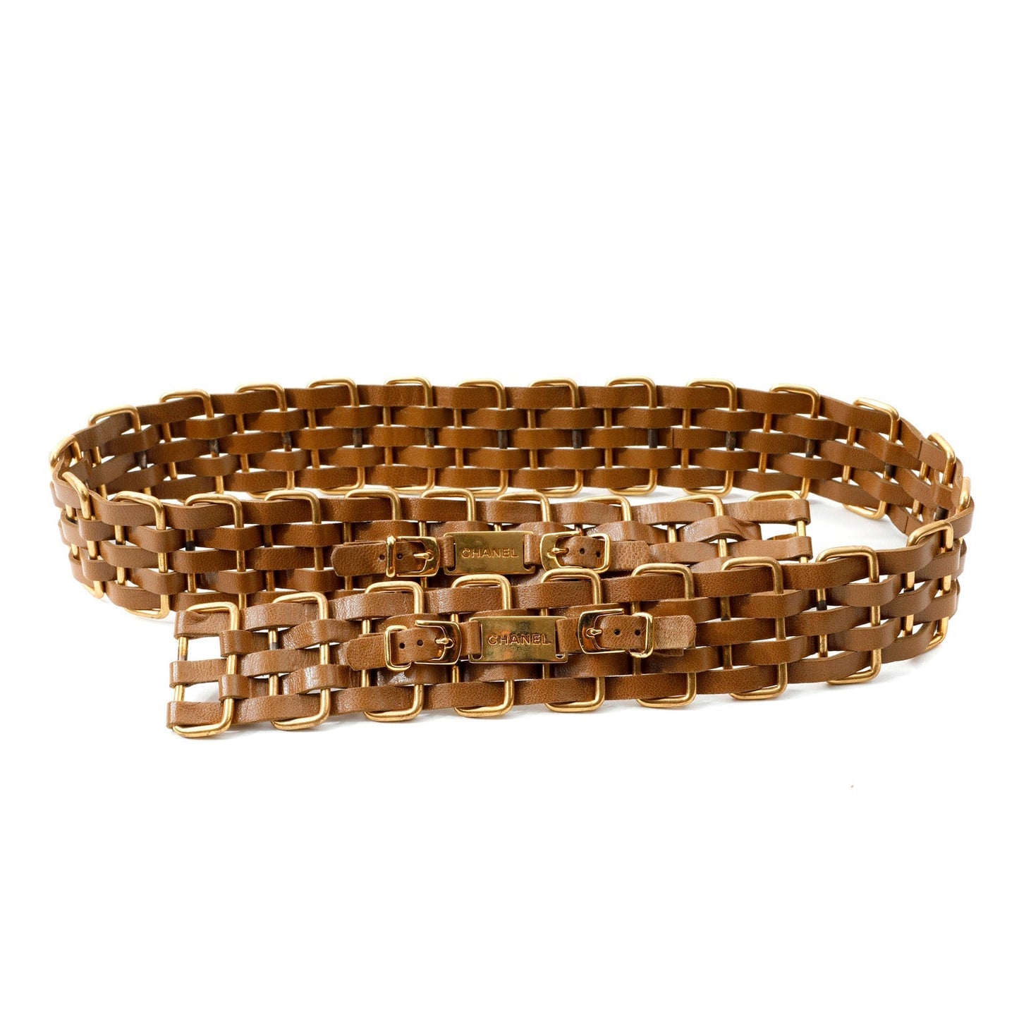 Chanel Brown Woven Leather Belt with Gold Chanel Buckle