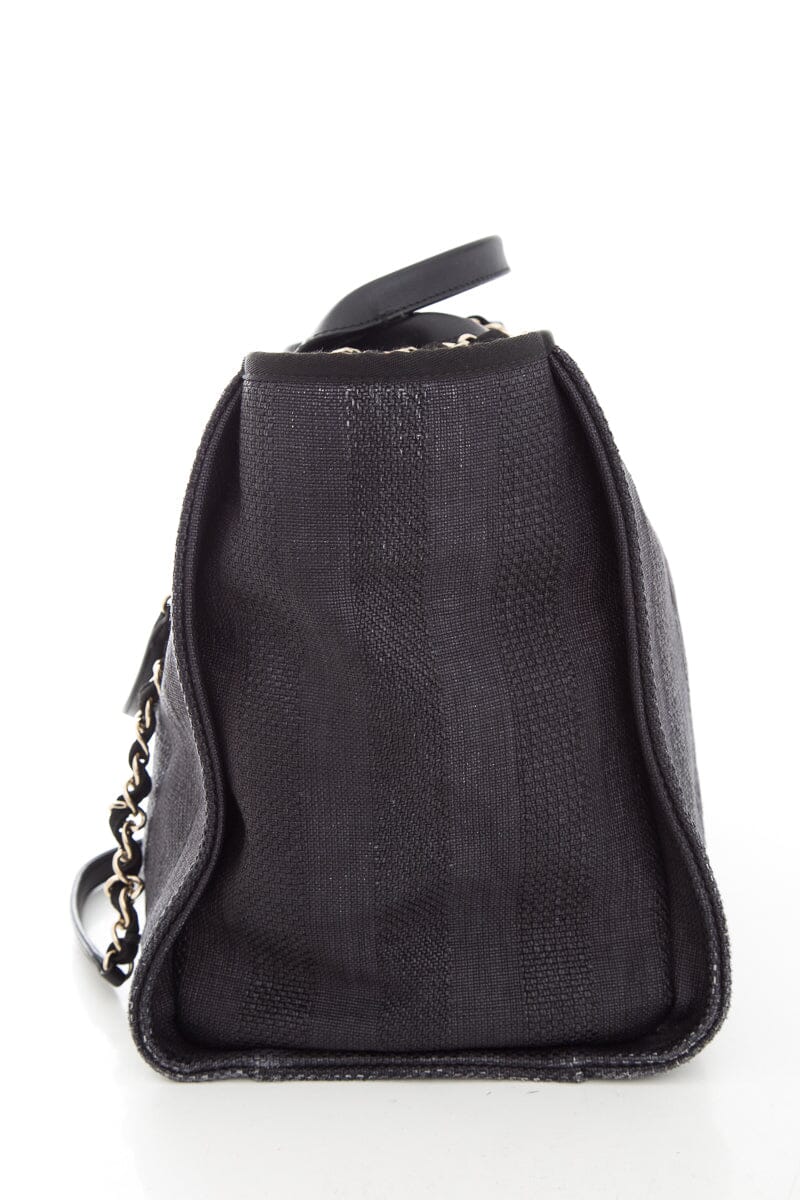 Chanel Chambray and Black Raffia Large Deauville Shopping Tote