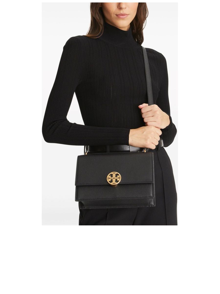 Pebbled Texture Goldtone Logo Shoulder Bag