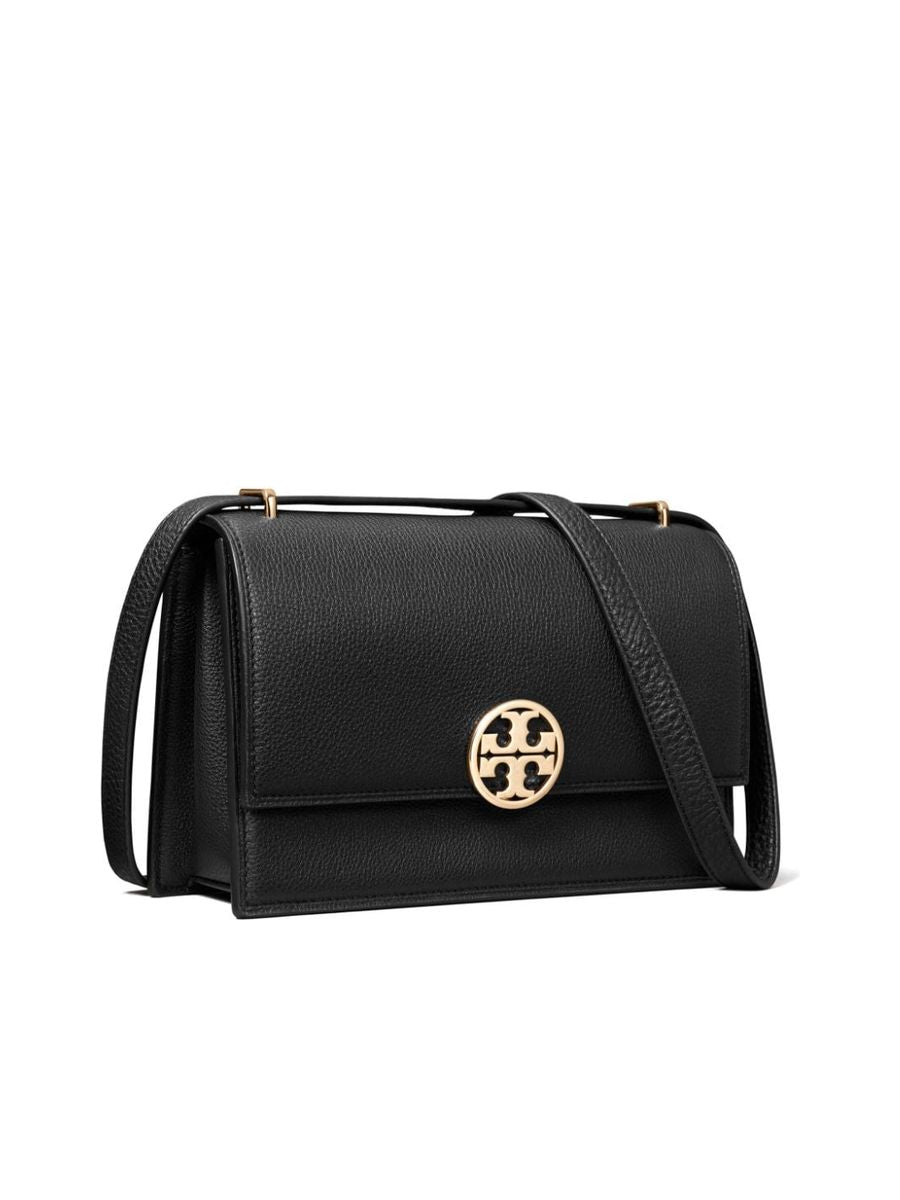 Pebbled Texture Goldtone Logo Shoulder Bag