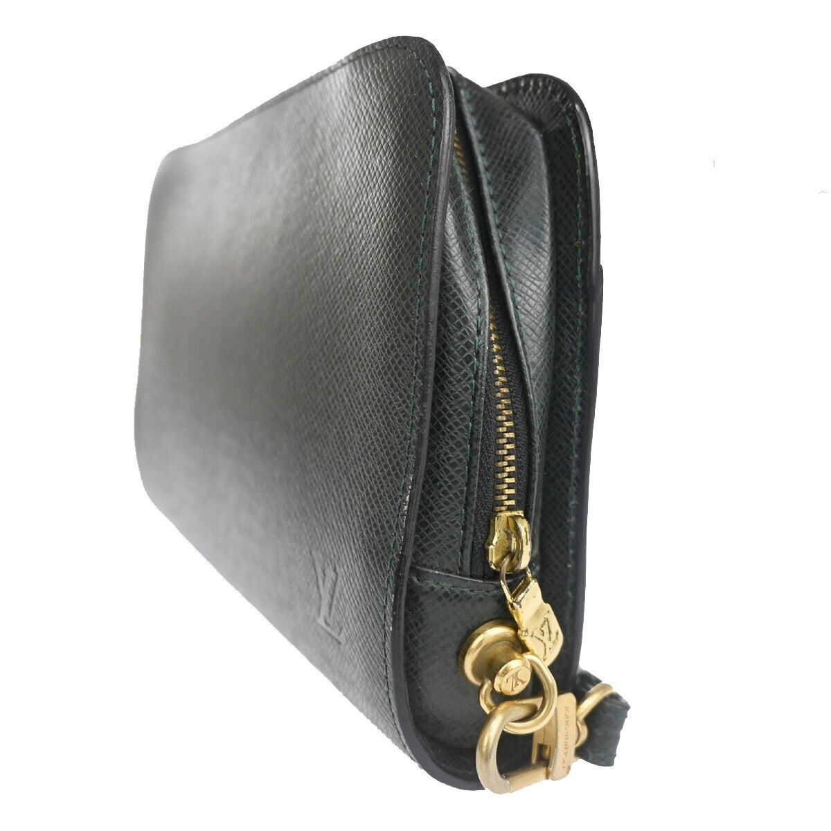 Green Leather Clutch Handbag with Gold Plating