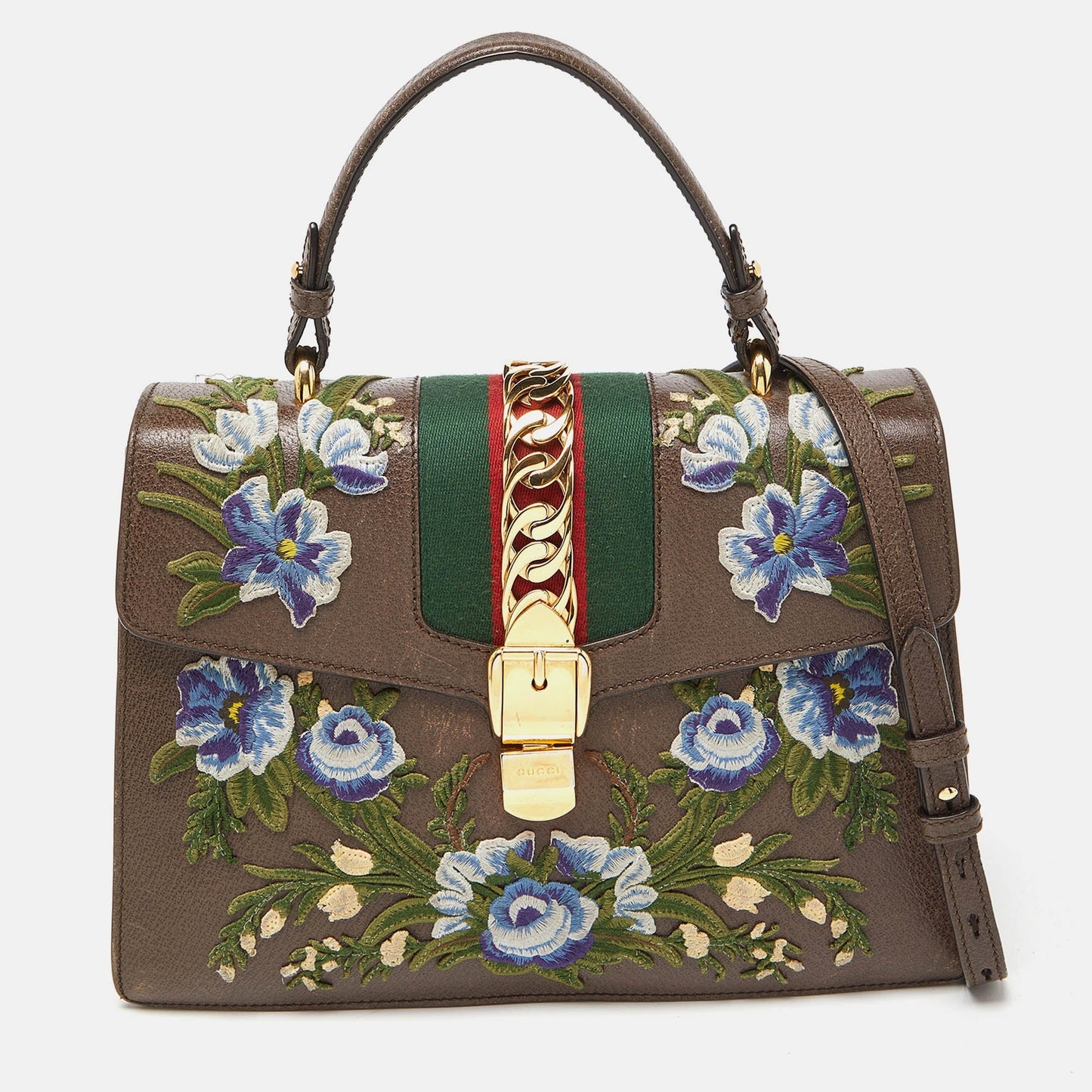 Gucci Floral Embroidered Leather Medium Sylvie Top Handle Bag