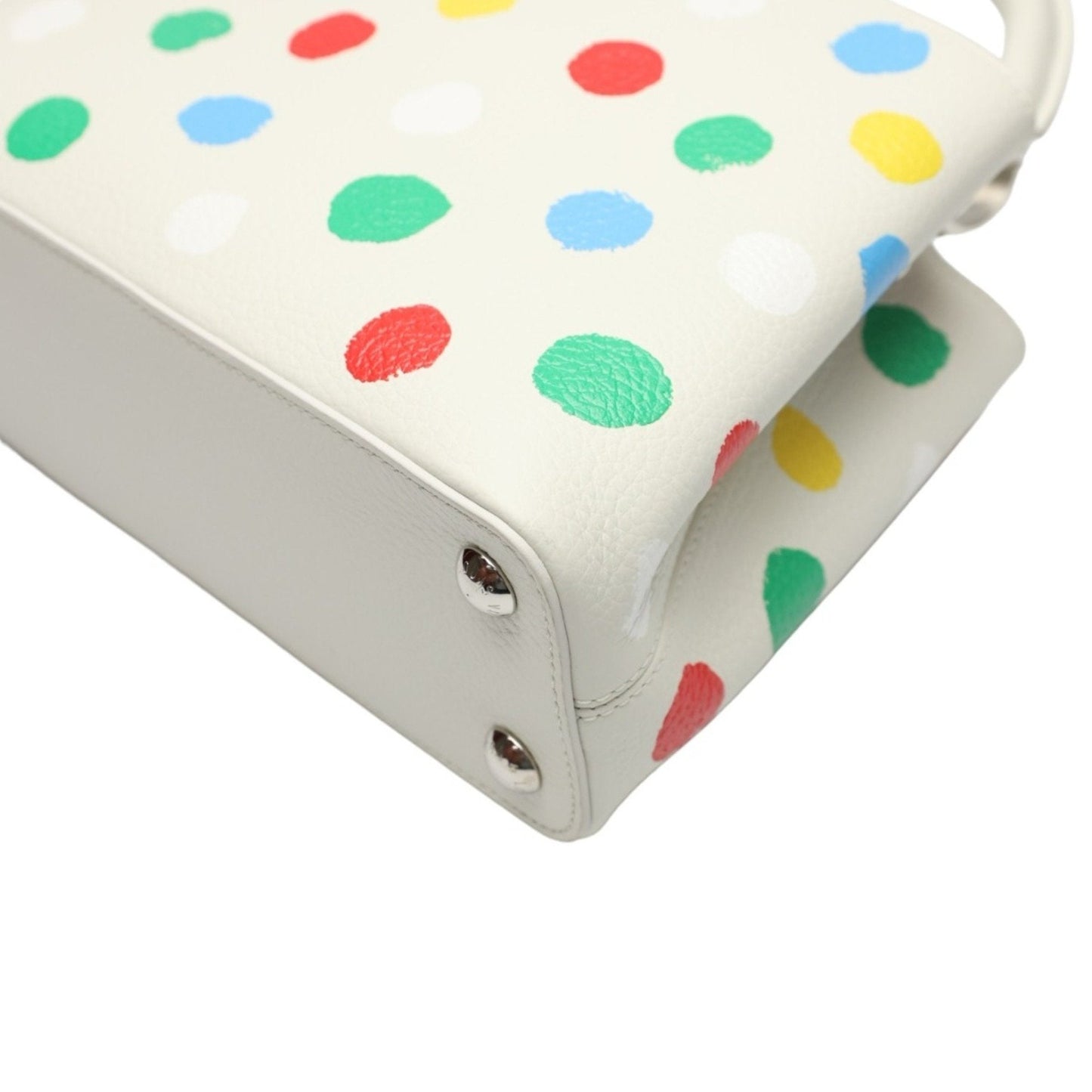 Luxurious White Leather Handbag with Yayoi Kusamas Signature Dot Pattern
