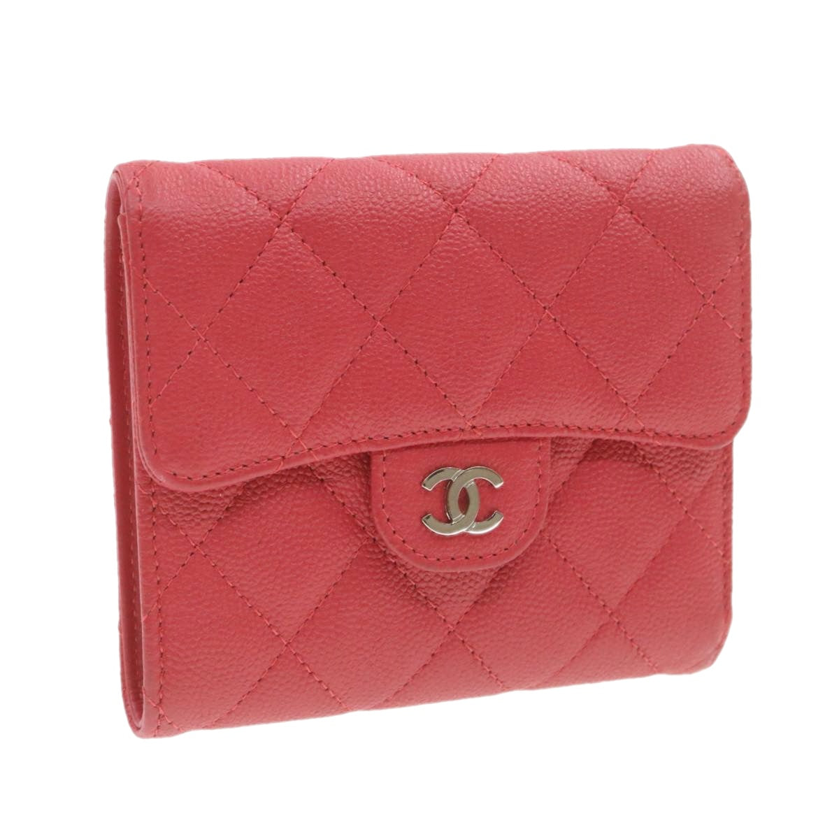 CHANEL Caviar Skin Matelasse Wallet Pink Red CC 18734A