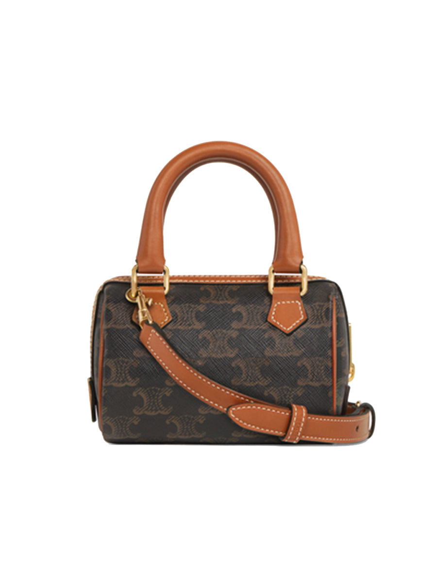 Mini Boston Bag in Triomphe Canvas with Celine Cursive