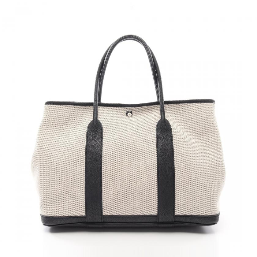 HermÃƒÆ’Ã‚Â¨s Garden Party PM Black Leather Beige Canvas Hand Bag