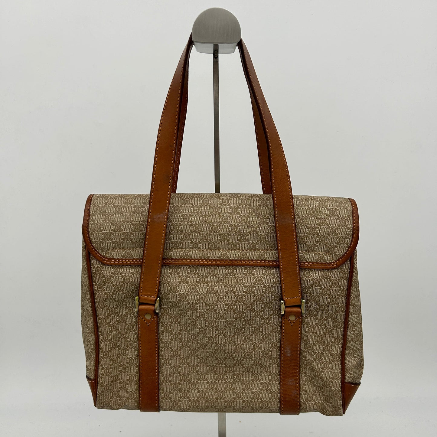 Celine Macadam Beige Brown Canvas Leather Handbag Medium