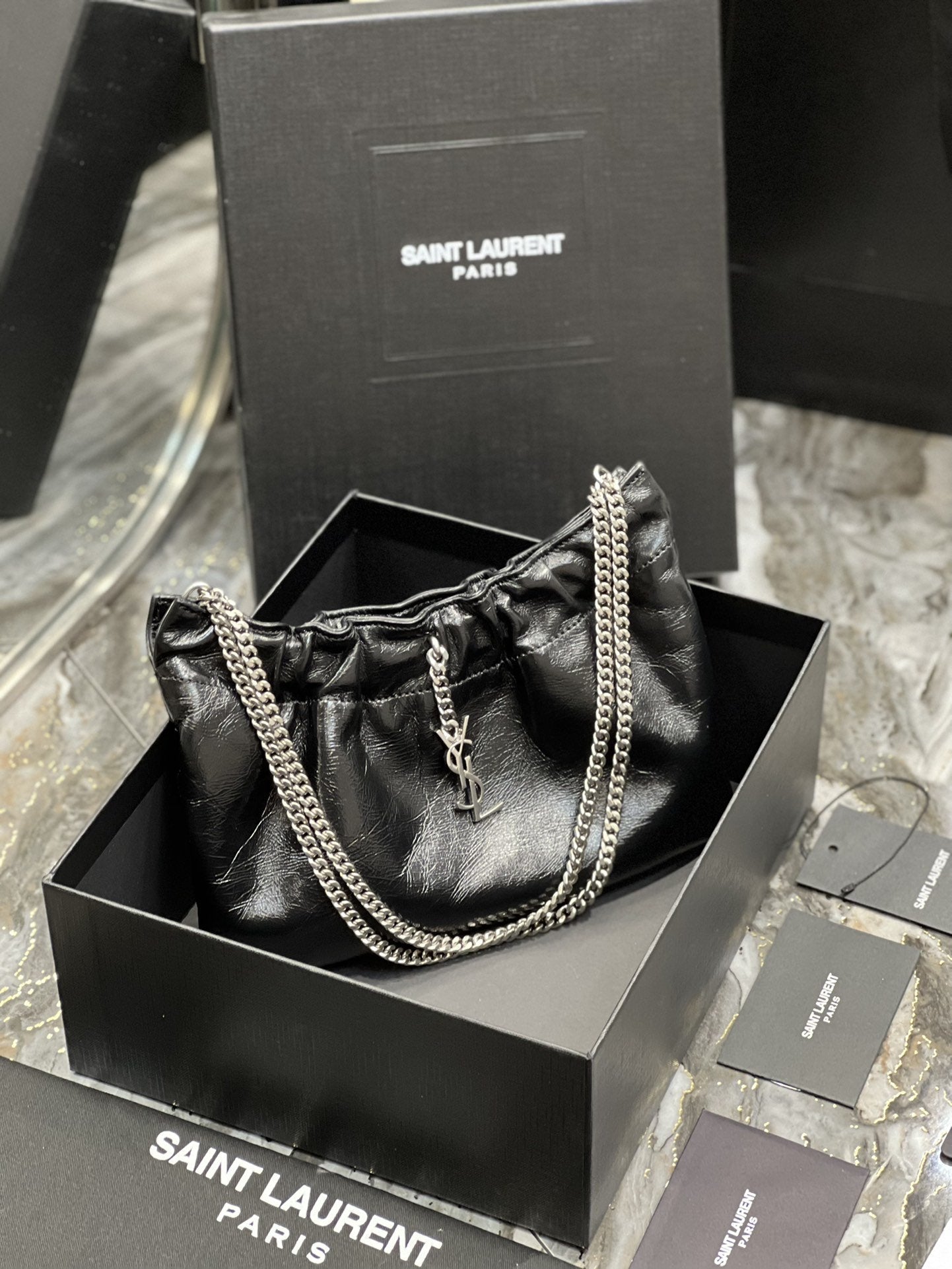 GLAMI Hobo Mini Bag Black With Silver Hardware For Women 9.4in/24cm YSl
