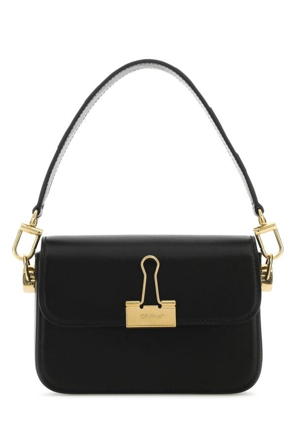 Off White Woman Black Leather Small Plain Binder Handbag