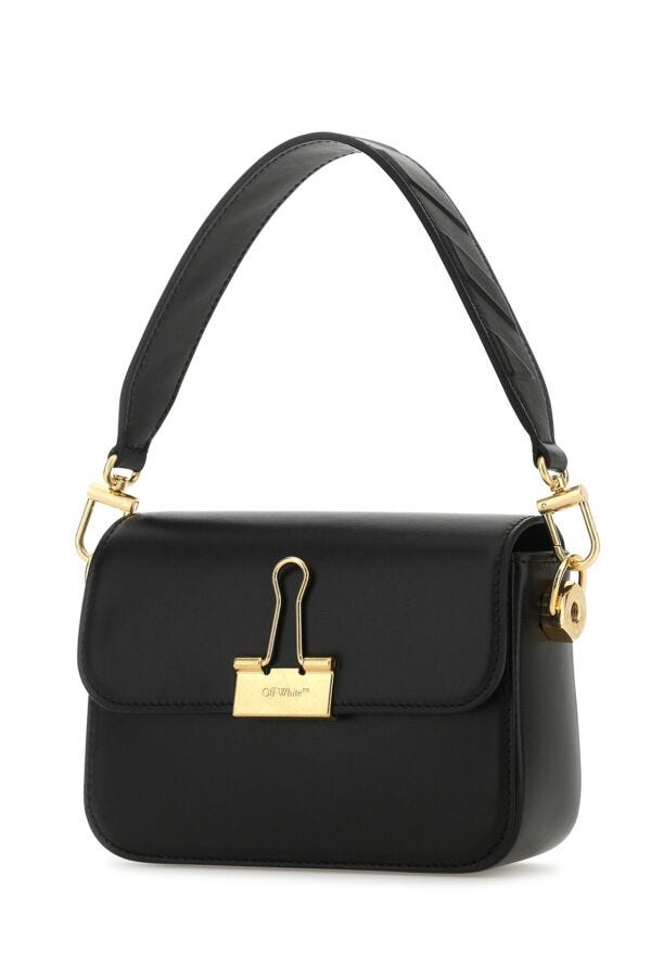 Off White Woman Black Leather Small Plain Binder Handbag