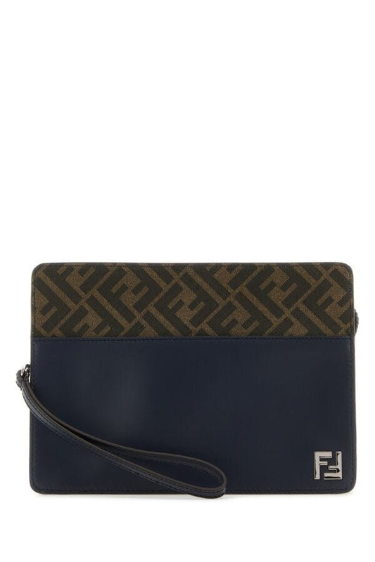 Fendi Man Embroidered Canvas And Leather Standing Clutch