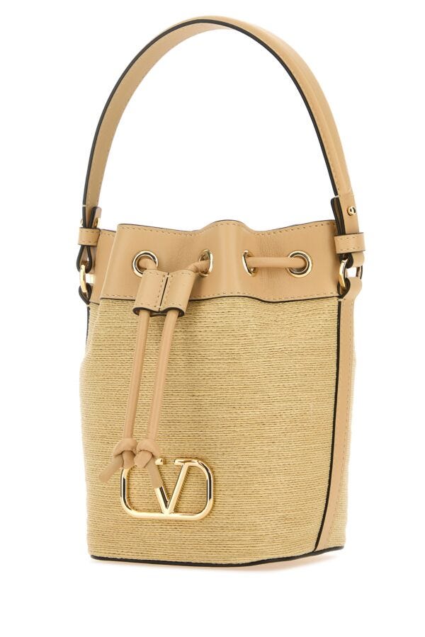 Valentino Garavani Woman Raffia Leather Vlogo Signature Bucket Bag
