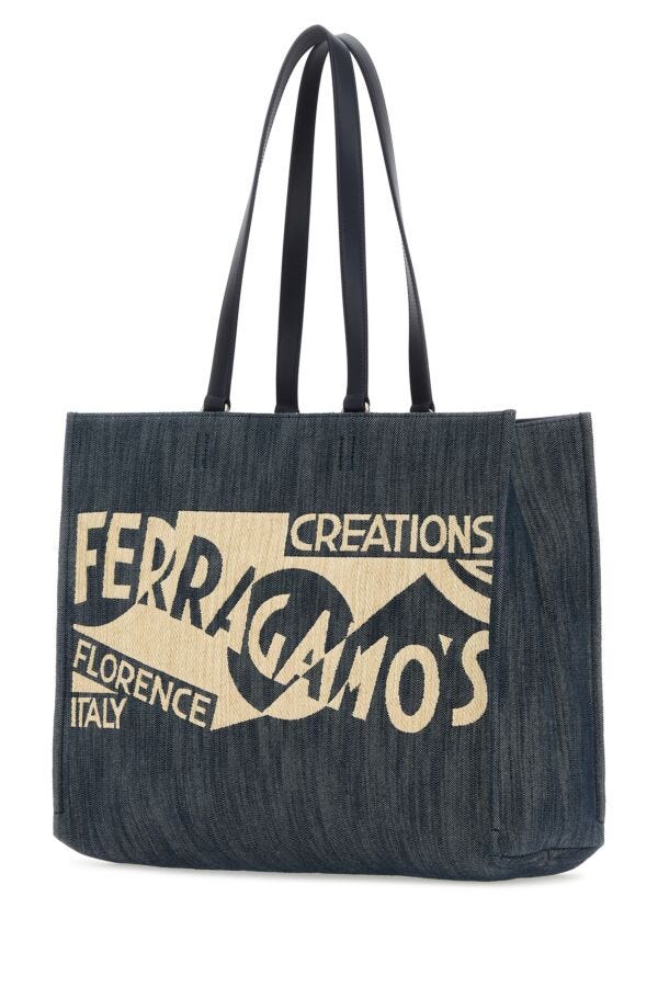 Salvatore Ferragamo Woman Blue Denim Large Tt Sign Shopping Bag