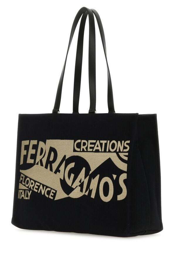 Salvatore Ferragamo Woman Black Canvas Large Tt Sign Shopping Bag