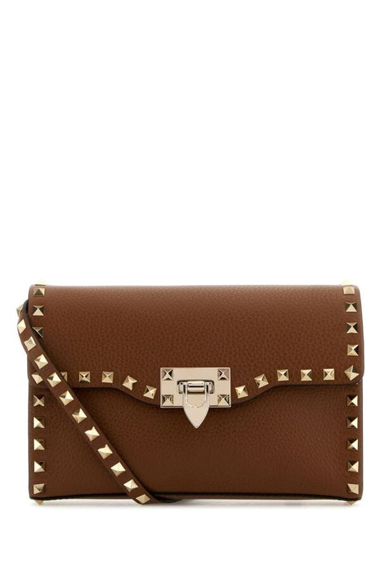 Valentino Garavani Woman Brown Leather Small Rockstud Crossbody Bag