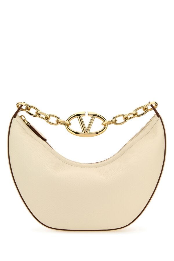 Valentino Garavani Woman Ivory Leather Small Hobo Vlogo Moon Handbag