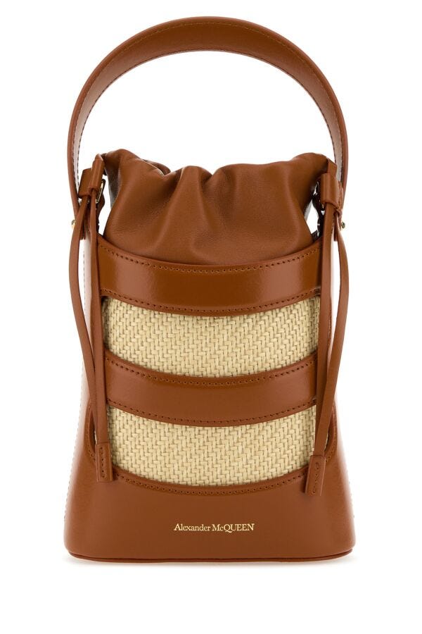 Alexander Mcqueen Woman Two-Tone Leather And Raffia Mini The Rise Bucket Bag