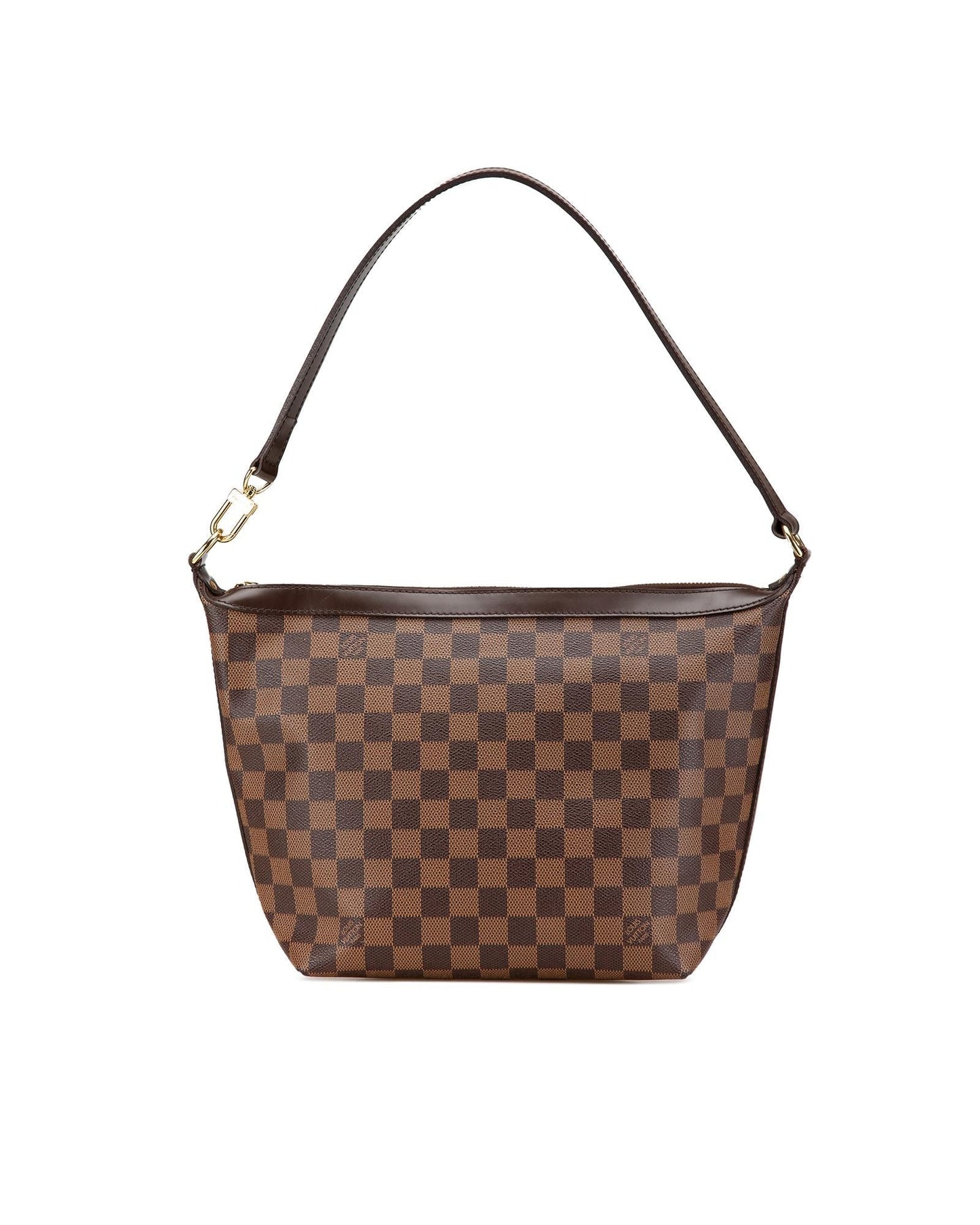 Damier Ebene Canvas Shoulder Bag with Leather Trim and Top Zip Closure