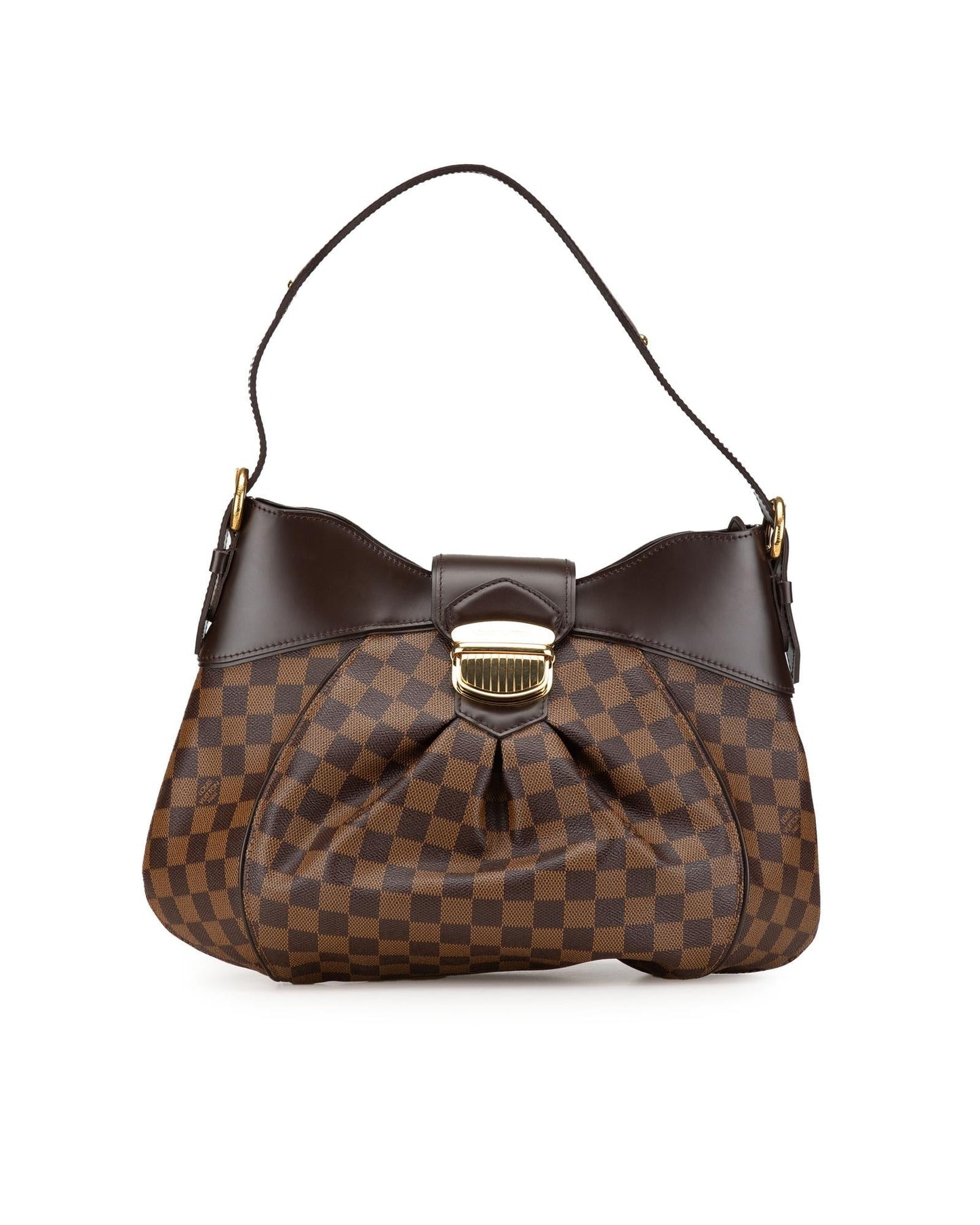 Damier Ebene Canvas Sistina Handbag with Leather Trim and Push Lock Closure