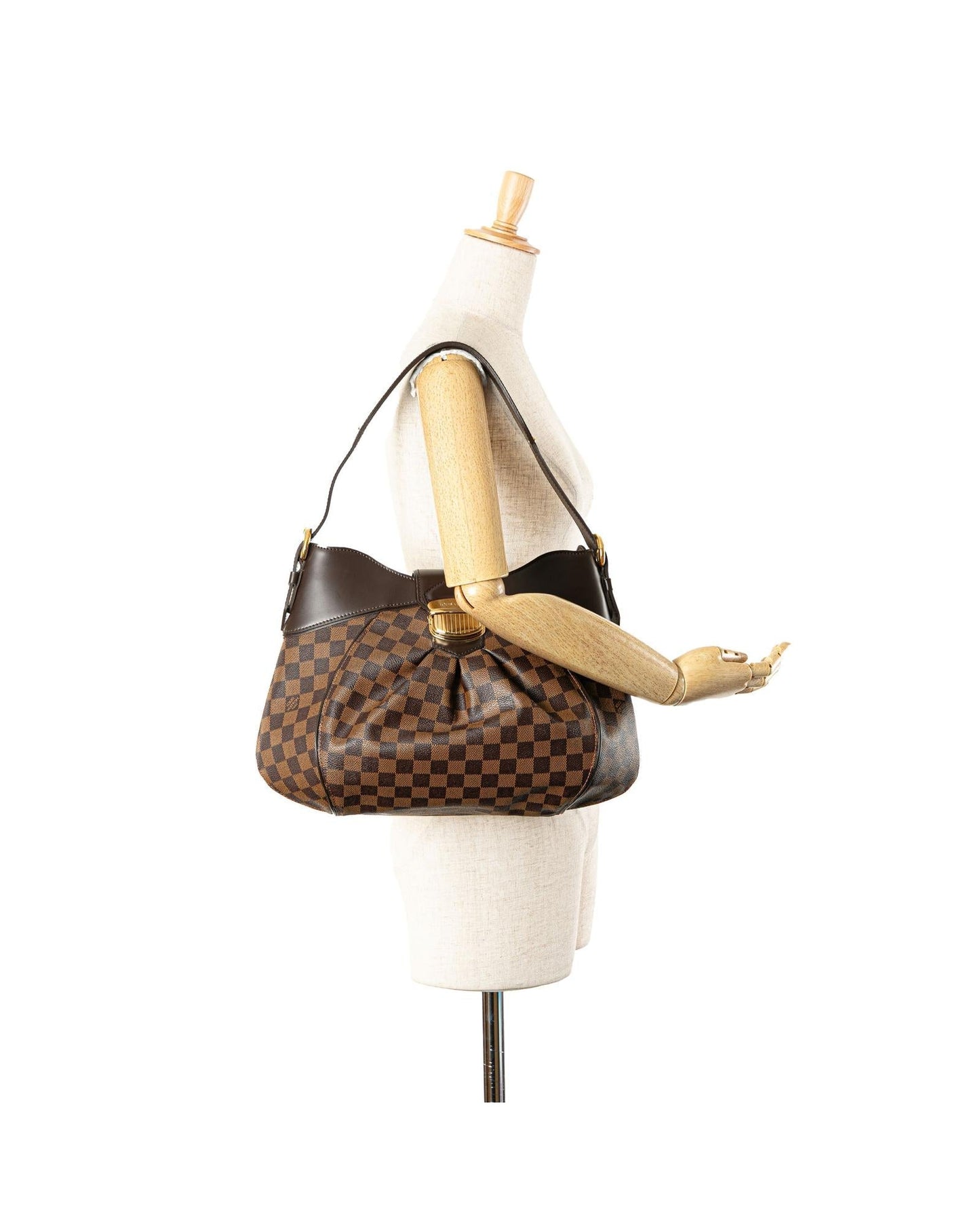 Damier Ebene Canvas Sistina Handbag with Leather Trim and Push Lock Closure